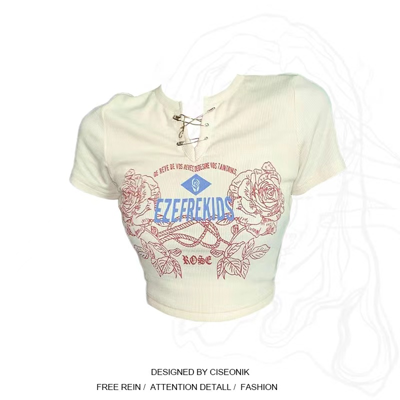 Áo croptop nữ cạp cao, áo thun tay ngắn in họa tiết retro JH-TX-22