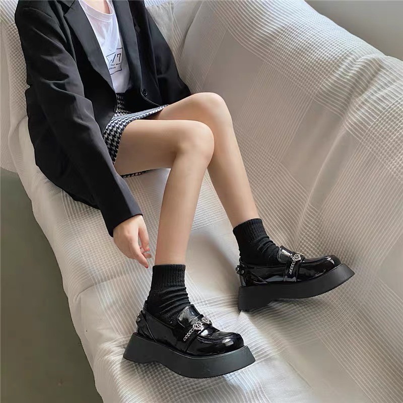 Giày da nữ Mary Jane độn đế đính đá dễ thương