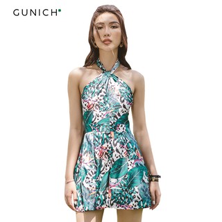 Playsuit yếm lụa họa tiết lá xanh Gunich