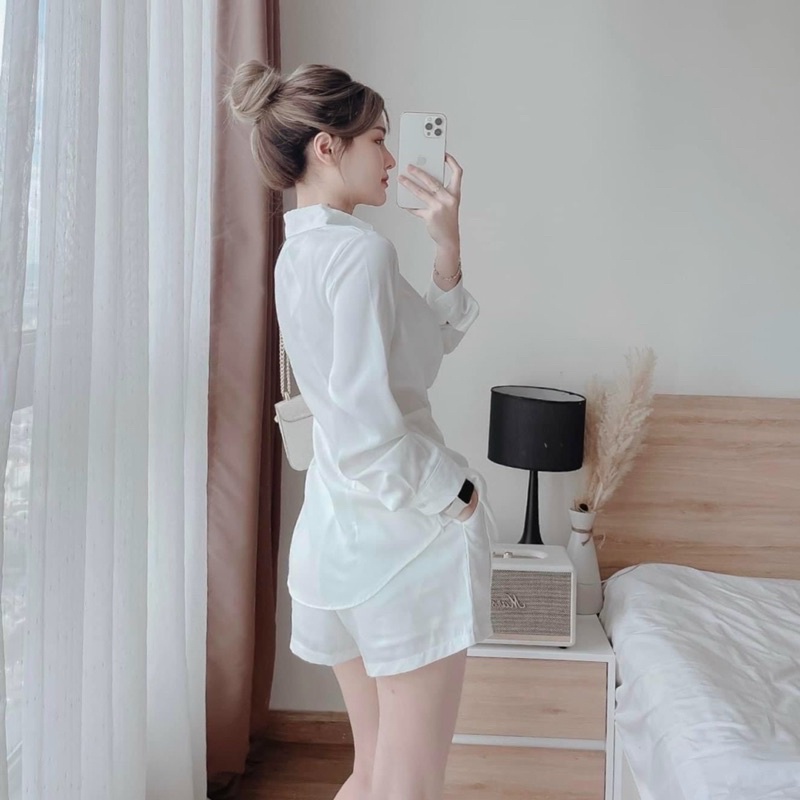 Sét bộ đùi thời trang nữ mặc đi chơi chất tuyết nhung cao cấp cổ v nhún eo tay dài xinh xắn