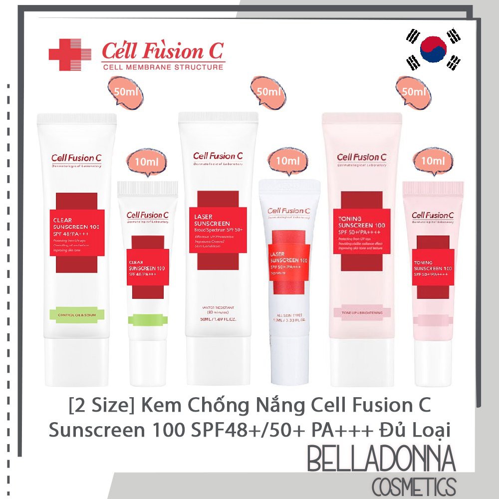 Kem Chống Nắng Cell Fusion C Sunscreen 100 SPF50+ PA+++ [XANH, ĐỎ, HỒNG]