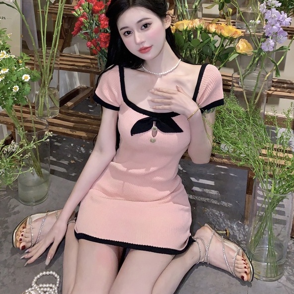 Đầm ngắn ZHELIHANGFEI dệt kim trễ vai đính nơ thời trang quyến rũ xinh xắn cho nữ