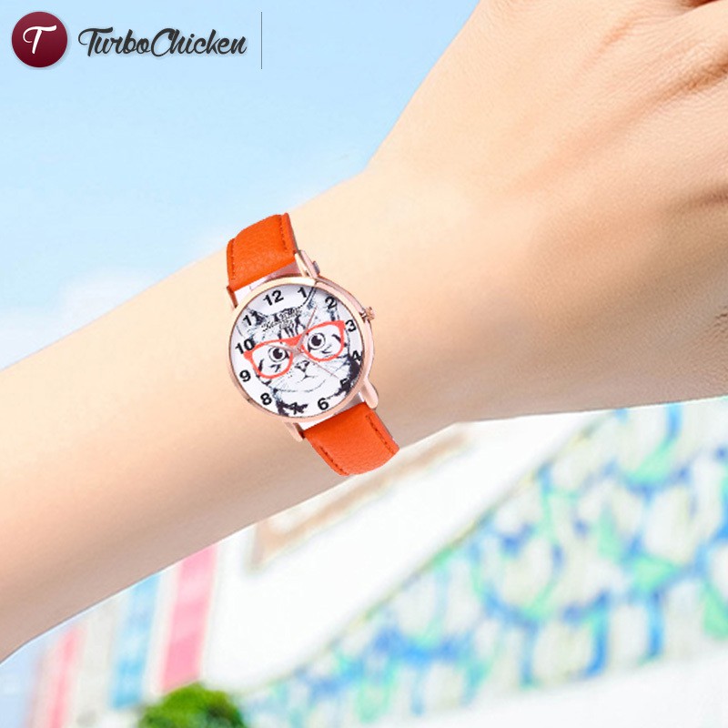 #Đồng hồ đeo tay# Faux Leather Strap Wrist Watches Cute Cat Cartoon Printing Couple Watches Round Dial Casual Quartz Watch 