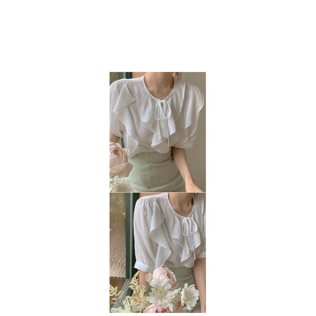 Áo voan kiểu nữ Thiết kế Ngắn tay Bánh bèo Tay bồng Cổ tim Xếp tầng Ulzzang Hàn Quốc Áo voan trắng nữ kiểu Cổ V