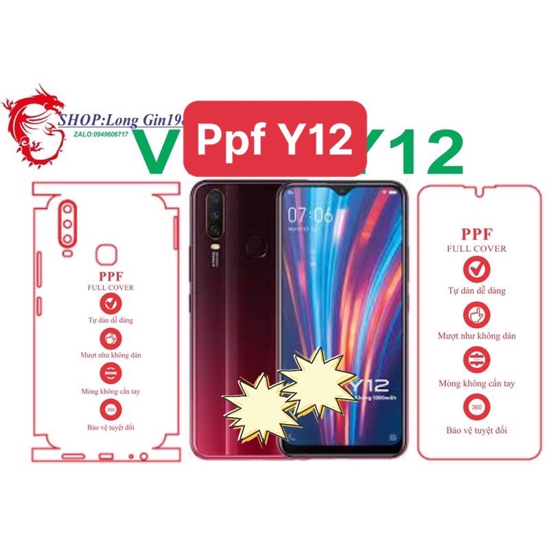 Vivo Y12 miếng dán trong Ppf mặt sau và mặt trước chống va đập chống trầy xước