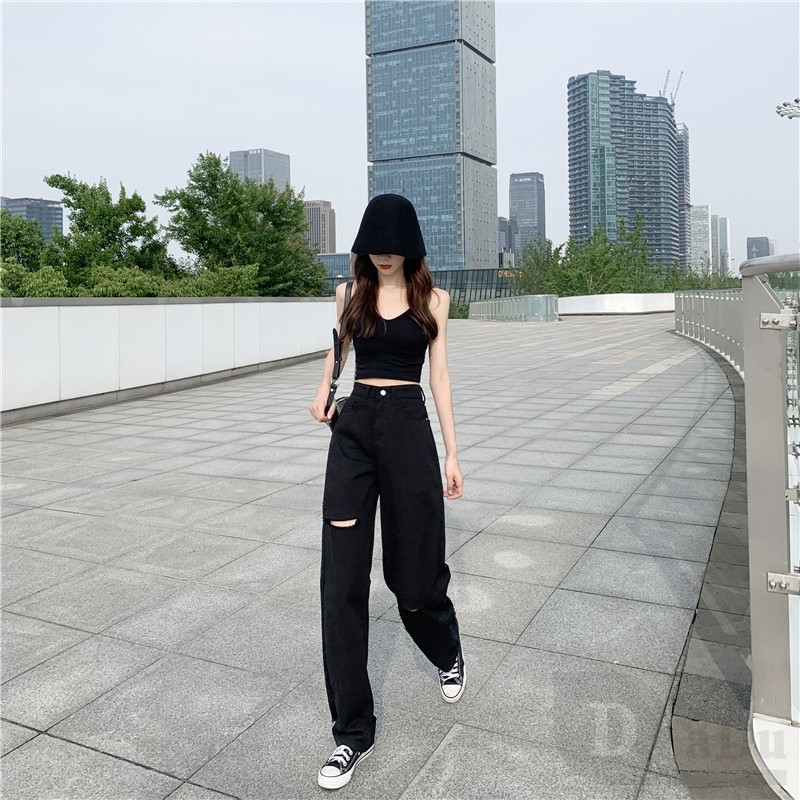 Daduhey Quần dài jeans kiểu dáng rách gối thời trang cho nữ