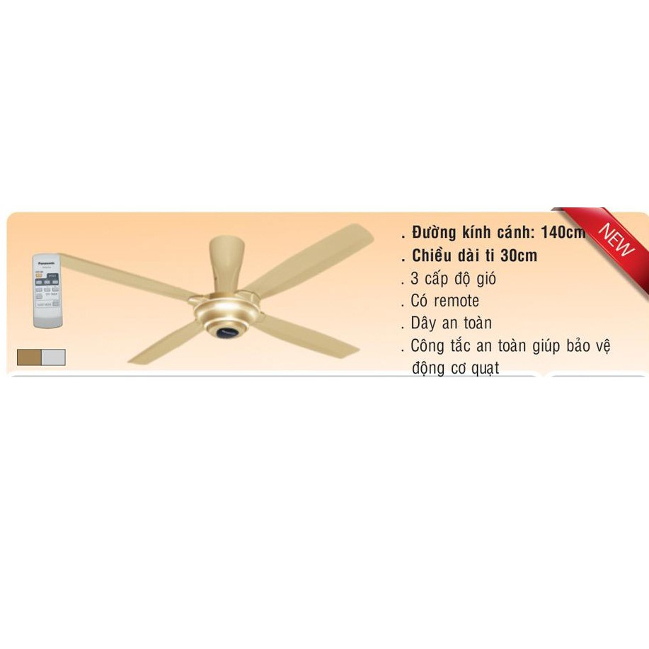 Quạt trần Panasonic 4 Cánh F-56MPG-GO Ti Ngắn 30cm (Màu vàng ánh kim) - 3 tốc độ gió linh hoạt - Công suất 59w