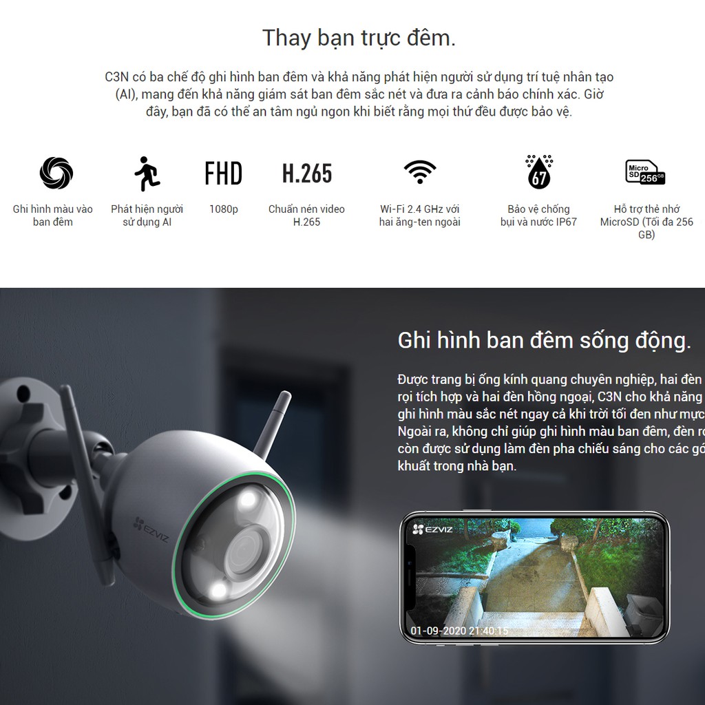 Camera IP Wifi EZVIZ C3N 2.0 Megapixel CS-CV310 Màu ban đêm. Công nghệ AI phát hiện người- Hàng Chính Hãng - BH 24T | BigBuy360 - bigbuy360.vn