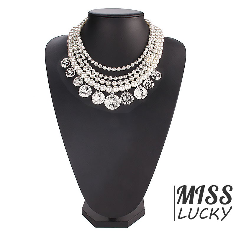 Vòng cổ chuỗi hạt ngọc trai nhân tạo nhiều lớp phối mặt kim loại phong cách cá tính cho nữ