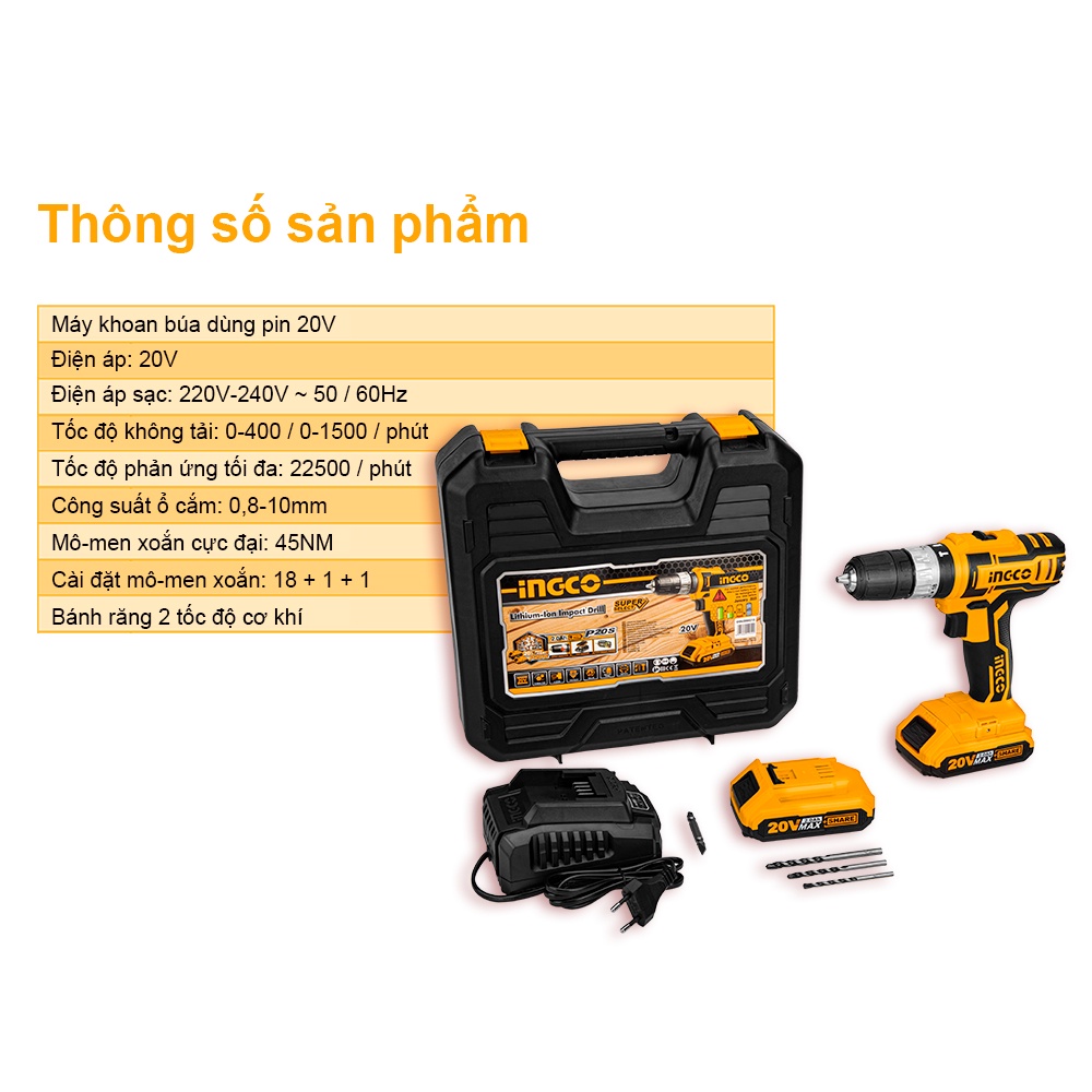 Máy khoan pin 20V (3 chức năng có búa) INGCO CIDLI200215 (2 pin &amp; sạc nhanh) - Hộp nhựa