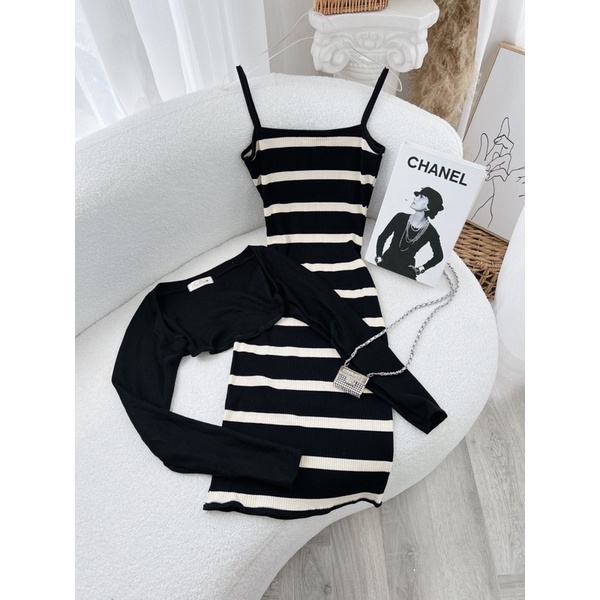 SET ĐẦM BODY SỌC NGANG + ÁO KHOÁC ĐEN TAY DÀI