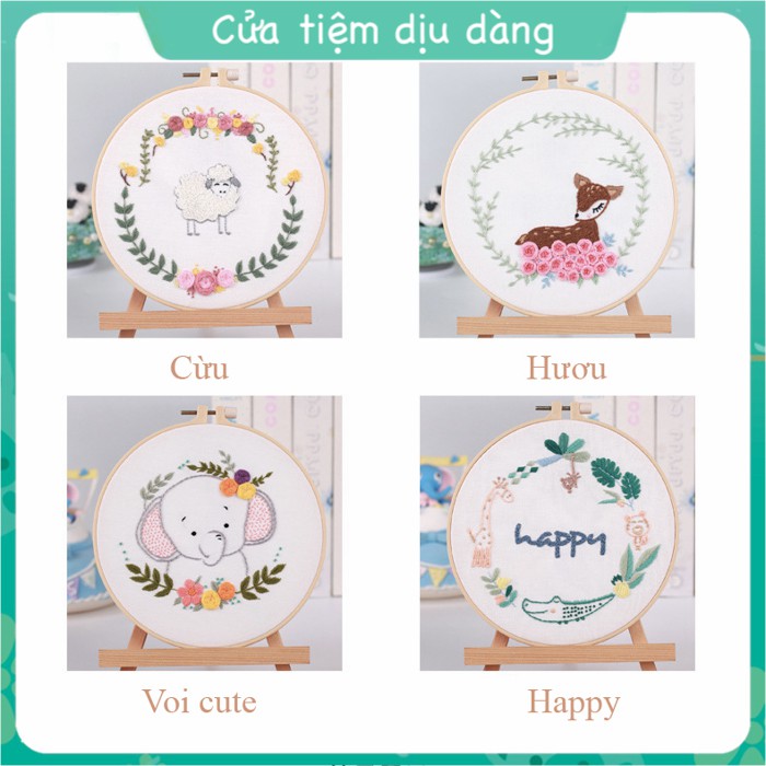 Kit thêu tay - Bộ nguyên liệu thêu tranh Động vật mẫu cute (kèm khung ,vải in sẵn mẫu và chỉ thêu, kim)