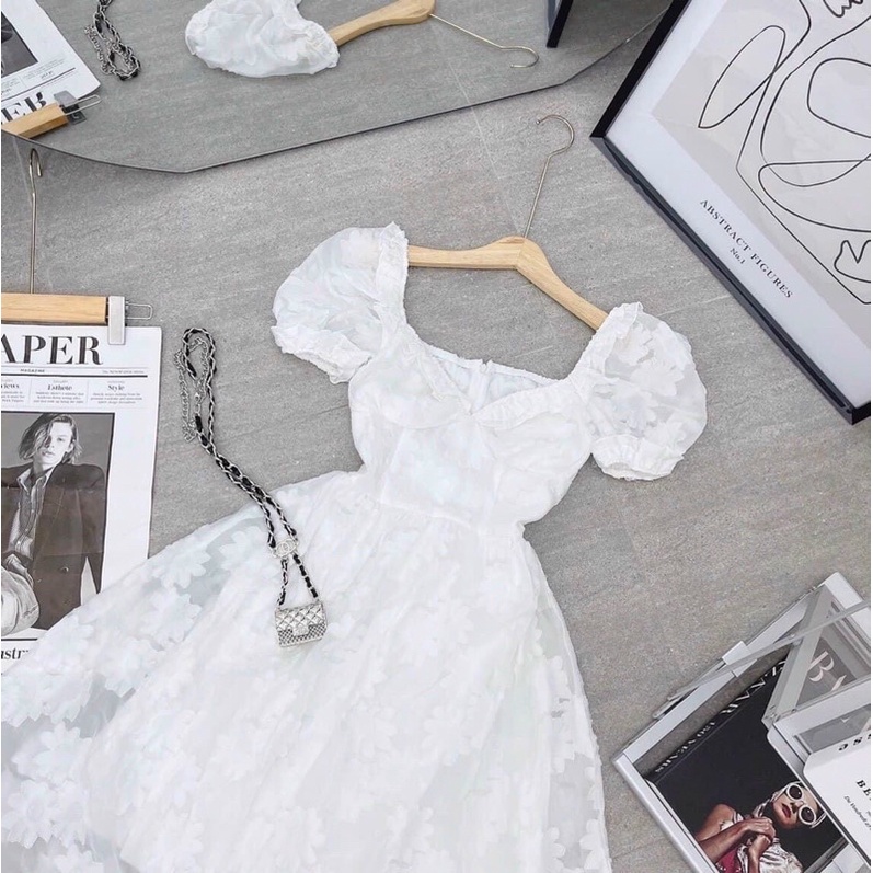 Đầm váy trắng tiểu thư bèo cổ tay phồng voan thêu cao cấp Elena