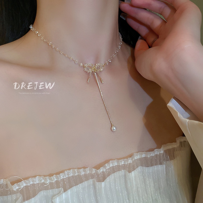 DREJEW Dây Chuyền Mạ Vàng Mặt Hình Nơ Đính Đá Zircon Thời Trang