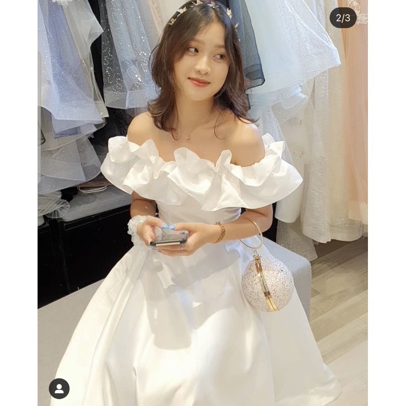 ĐẦM MIDI TRẮNG TRỄ VAI BÈO NGỰC