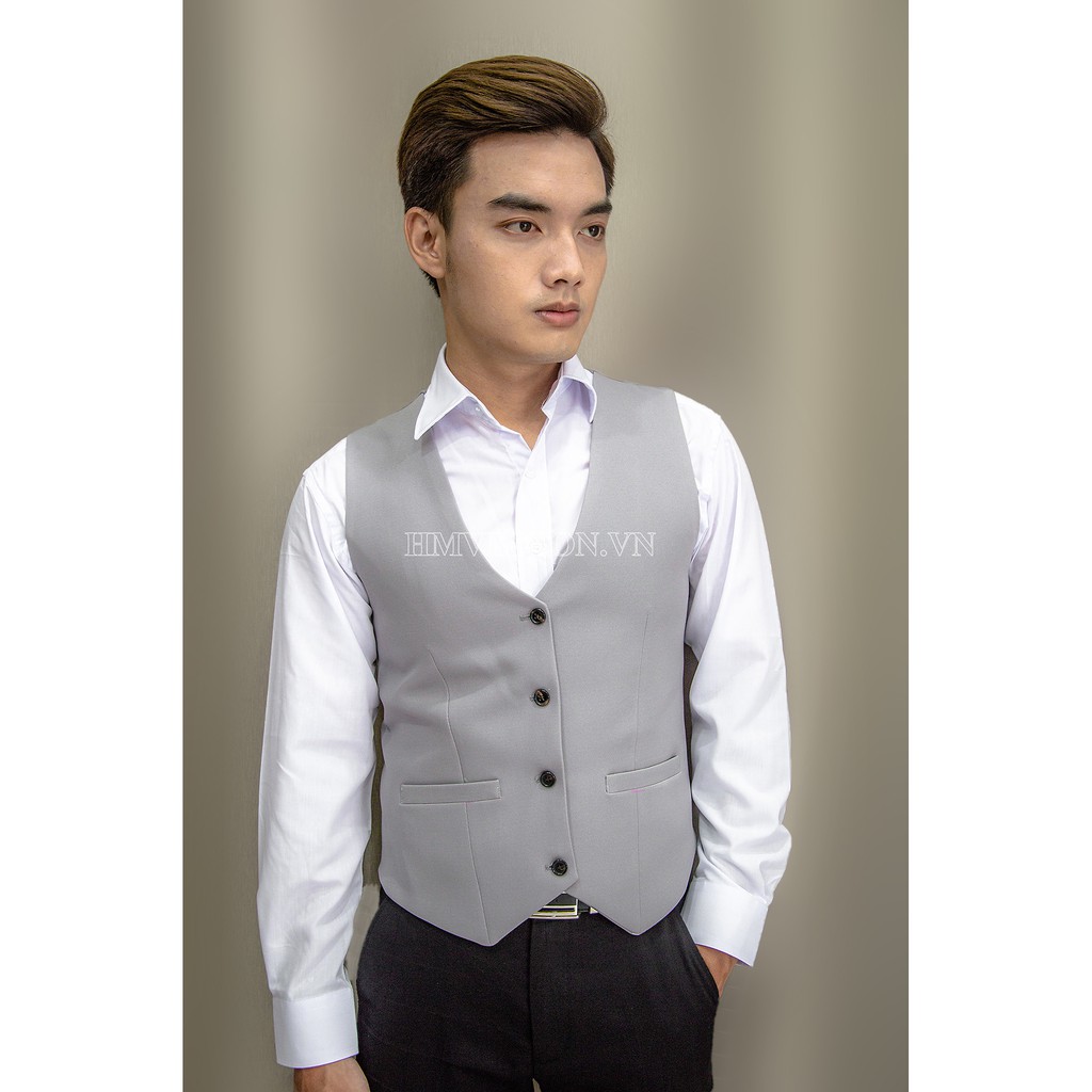 Áo gile nam form ôm body màu xám ghi tặng nơ đen