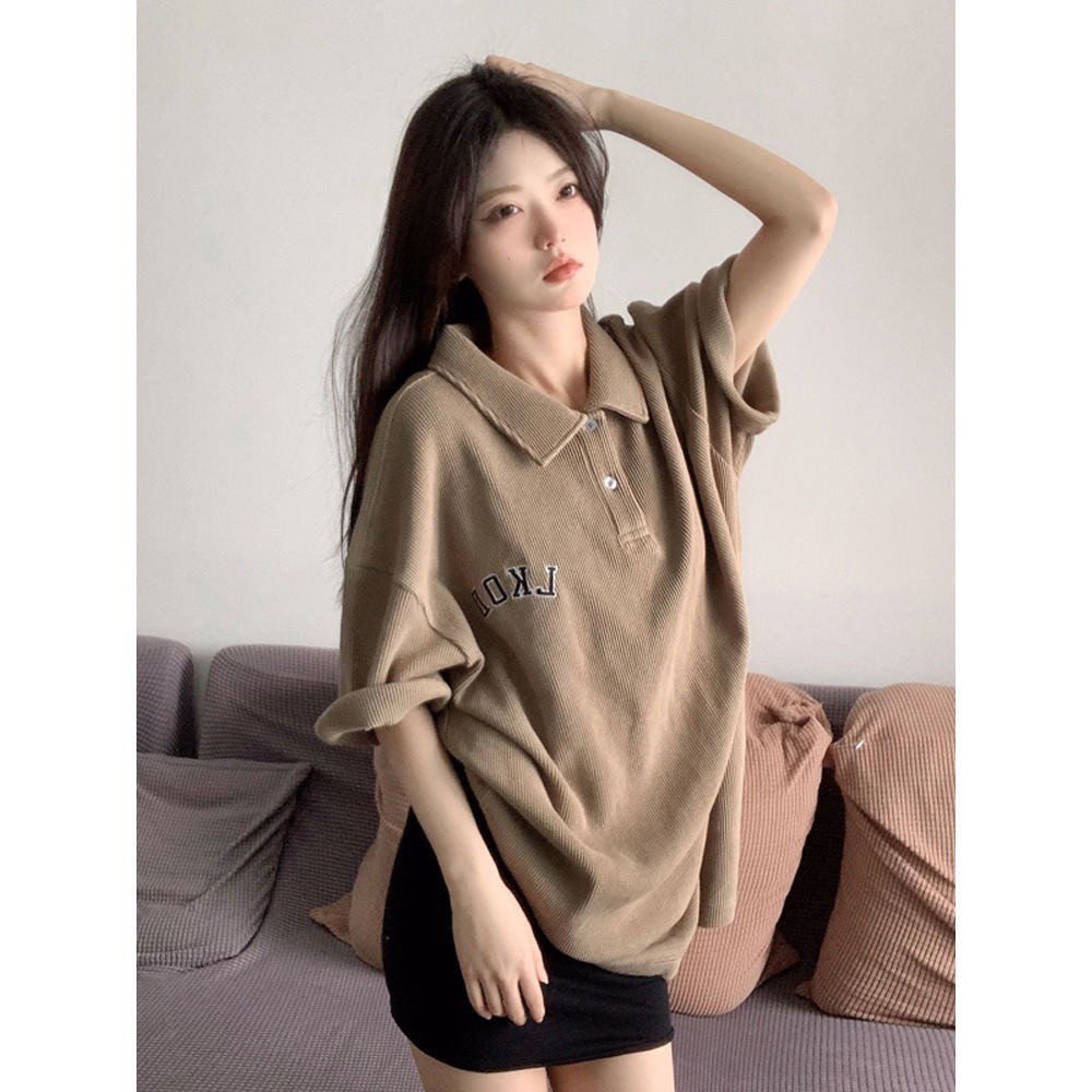Áo Polo Tổ Ong Thêu Lkoo - Áo Thun kiểu form rộng tay lỡ màu vintage 3158 - Áo phông cổ bẻ hàn quốc