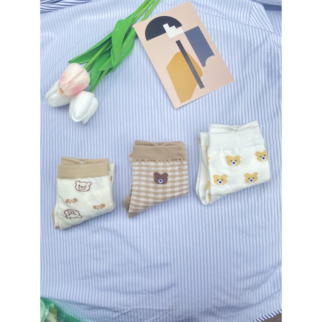 Tất cổ cao Muzini tất nữ tone nâu in họa tiết gấu dễ thương TN221