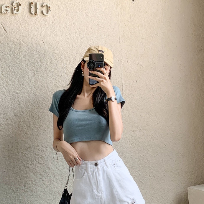 Quần short denim SUXI dáng chữ A cạp cao màu trơn thời trang cho nữ
