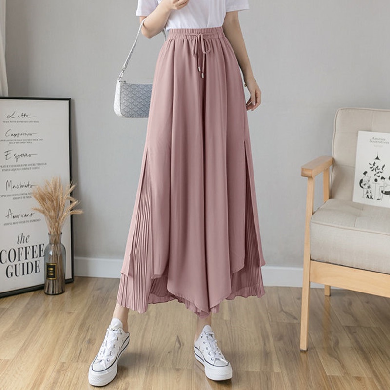 Quần dài RENJIANVSHENG ống rộng xếp ly vải voan thời trang thanh lịch cho nữ