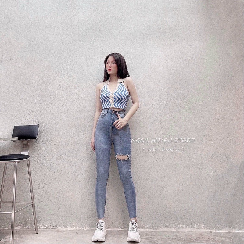 Quần Jeans Nữ Cạp Cao Tôn Dáng - Quần Bò Nữ Co Giãn Cạp Siêu Cao Đắp 2 Túi Tròn