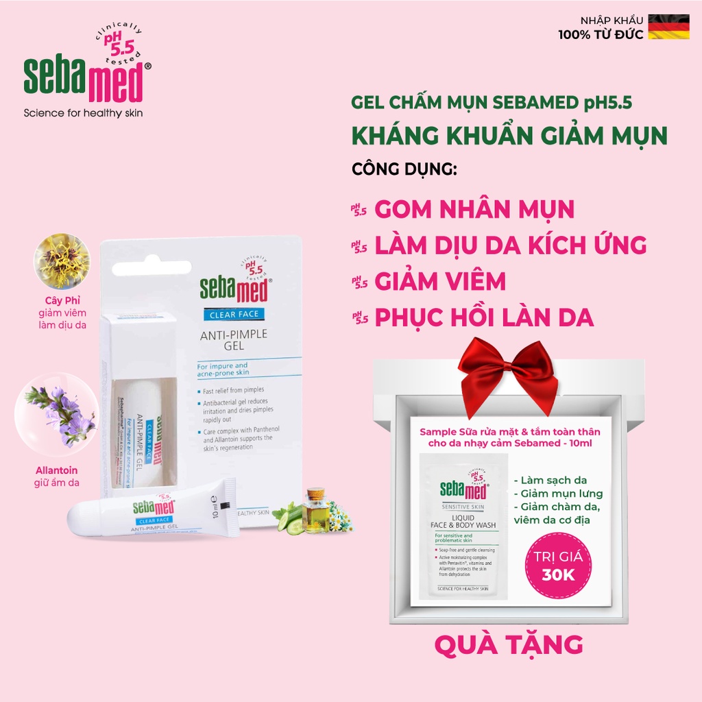 Gel giảm mụn kháng khuẩn &amp; làm dịu da Sebamed Clear Face Anti-Pimple pH5.5 (10ml)