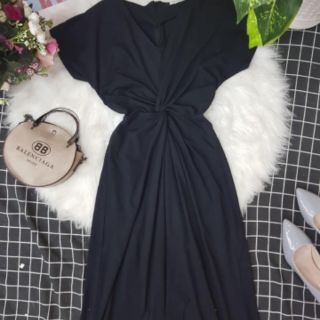 Đầm thun xoắn eo cổ V tay con siêu đẹp