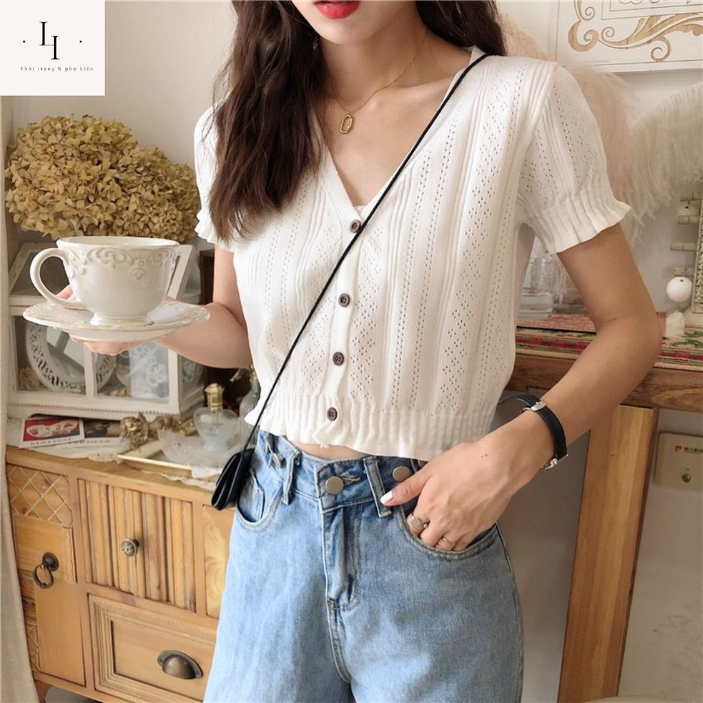 Áo croptop nữ kiểu cardigan dệt kim  tay ngắn cổ tim chữ V dáng ôm body  phong cách Hàn Quốc cá tính Liao shop | BigBuy360 - bigbuy360.vn