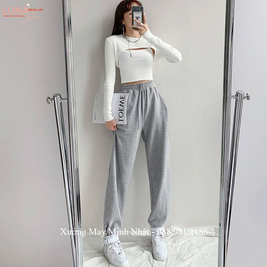 Quần Jogger nỉ nữ thun trơn bo ống gấu ống rộng cạp chun Unisex dáng Ullzang vải da cá dày mềm ấm mặc thể thao ở nhà đẹp