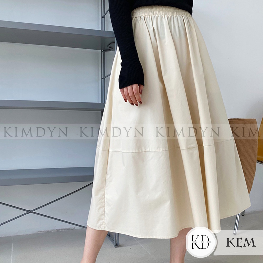 Chân váy midi dáng xoè lưng thun vải trơn mát KimDyn