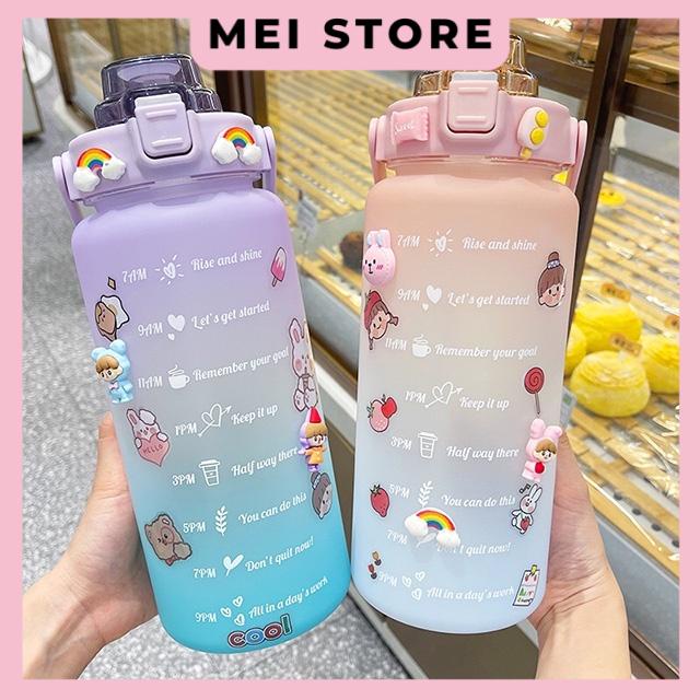 Bình Nước 2 Lít Dành Cho Người Lười Uống Nước Có Ống Hút, Vạch Chia Nhắc Giờ