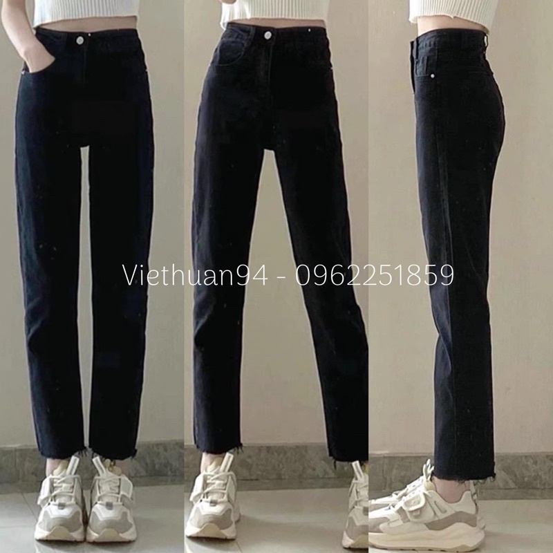 Quần jeans đen trơn phom basic ống đứng cạp cao hack chân cực thon dài