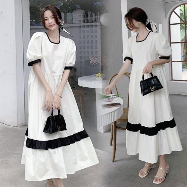 Đầm váy nữ babydoll dáng xòe cộc tay kiểu màu trắng be phối viền đen nổi phong cách thời trang Ulzzang | WebRaoVat - webraovat.net.vn