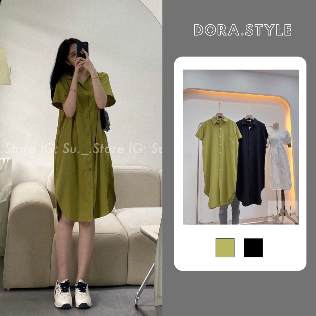 Váy sơ mi dáng suông, váy sơ mi cộc tay kiểu cổ đức 222 Dorastyle