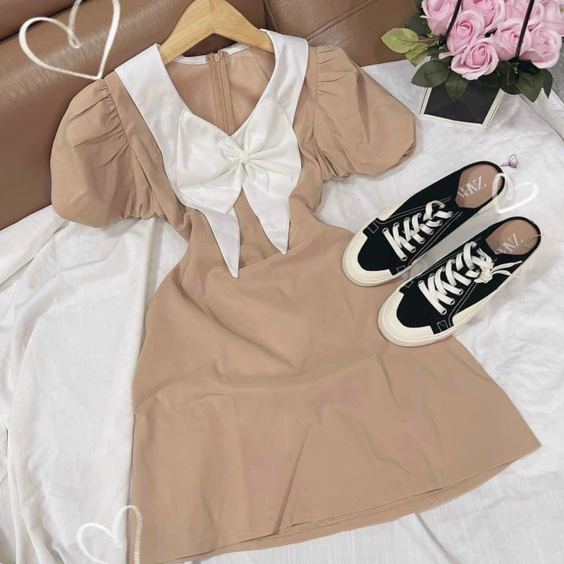 Đầm nude cổ nơ trắng | BigBuy360 - bigbuy360.vn