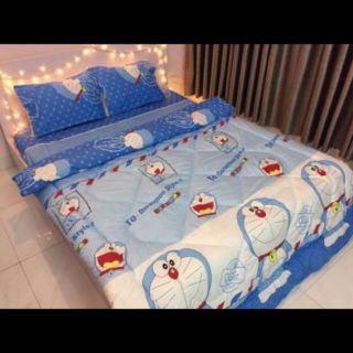 Bộ Chăn Ga Gối Cotton Poly Nhập Khẩu Hàn Quốc Doremon(chăn trần bông)