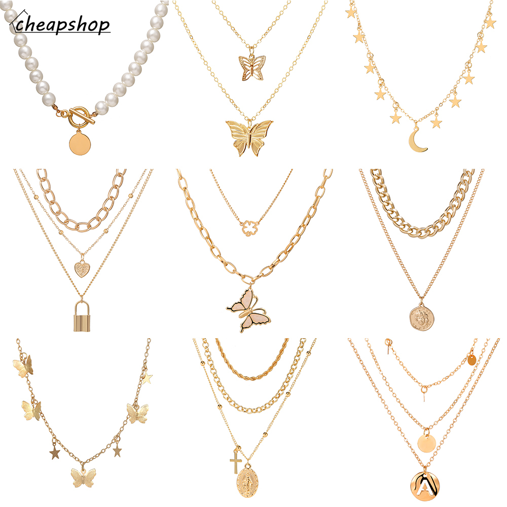 iF YOU Vòng cổ nhiều lớp mặt hình ổ khóa mặt trăng bướm ngọc trai thời trang cho nữ