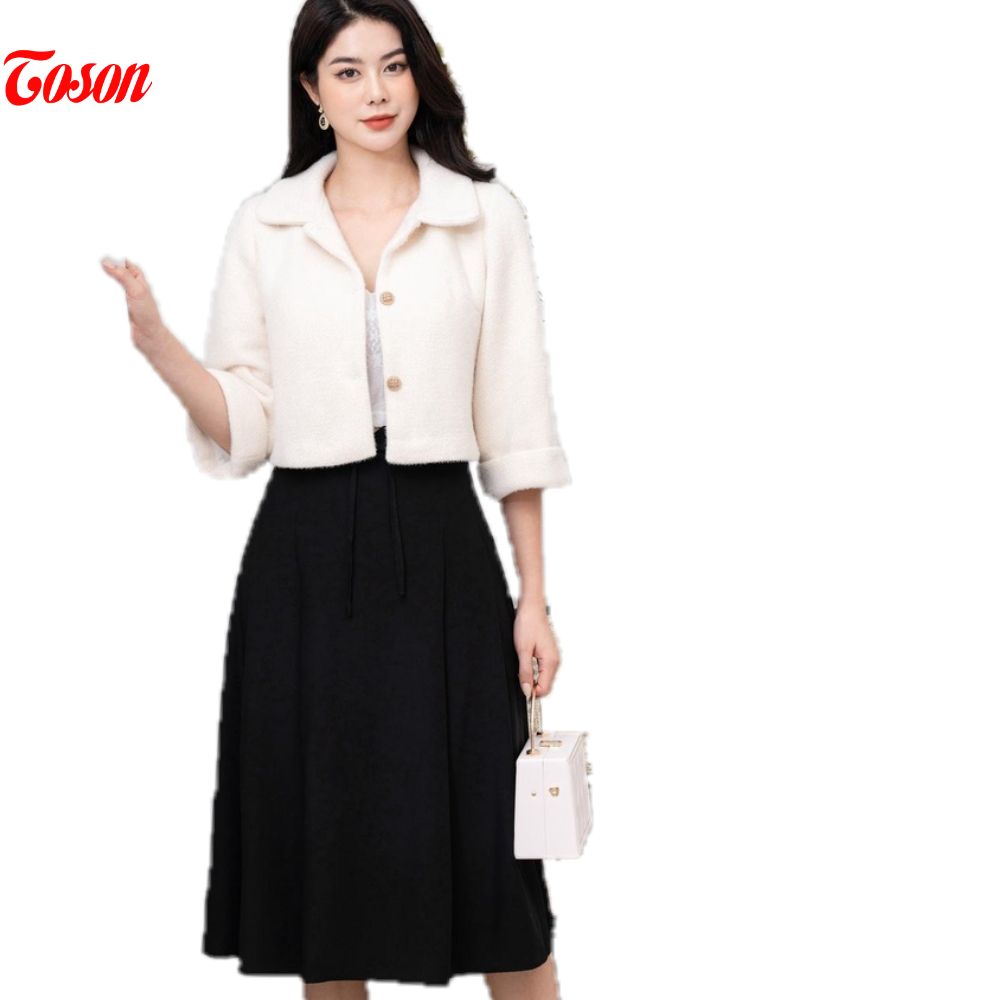 Áo Vest ngắn dạ len be kem, cổ sen tay gập nơ vê Toson 82334E02