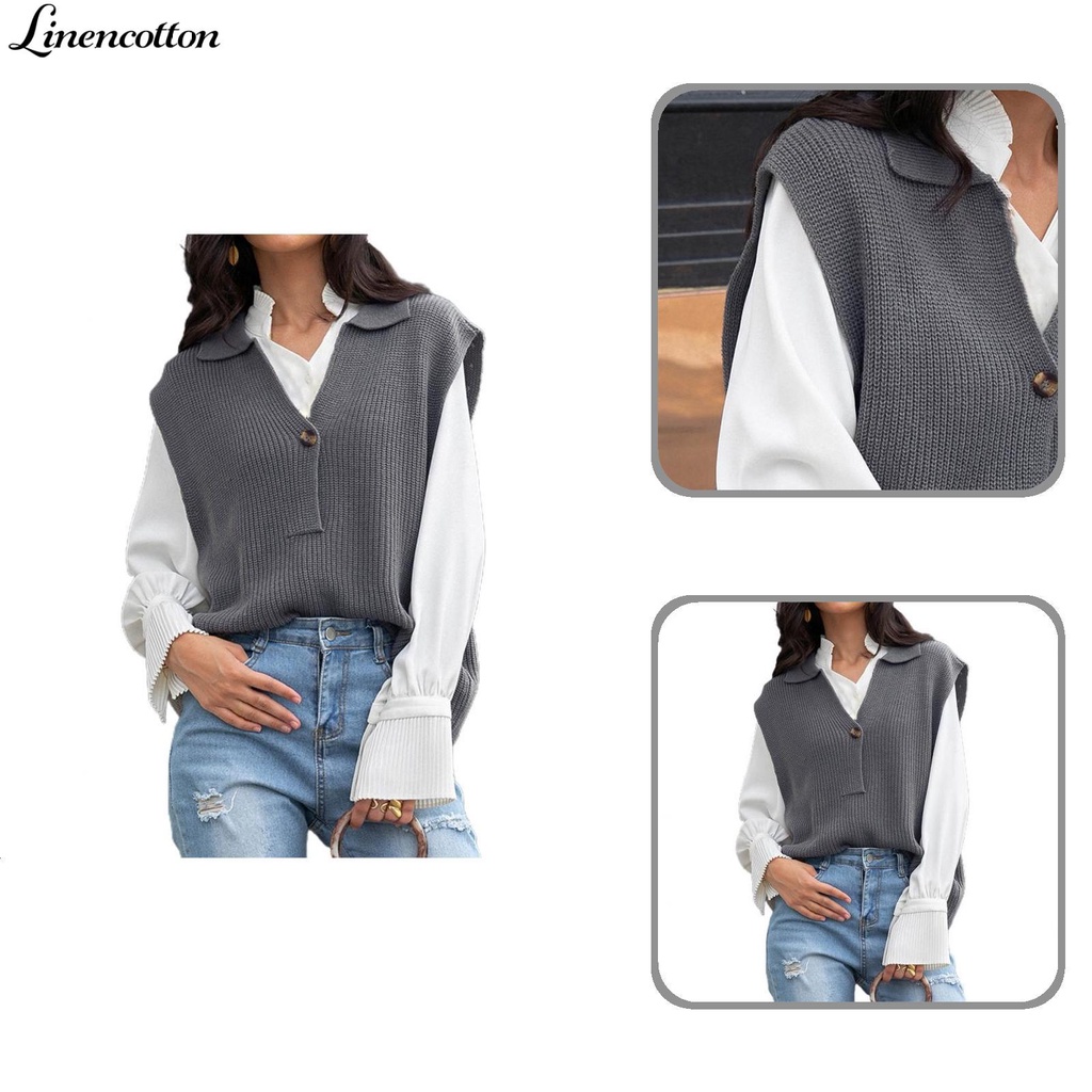 Áo cardigan dệt kim cổ chữ V không tay màu xám đậm bằng cotton lanh cho nữ