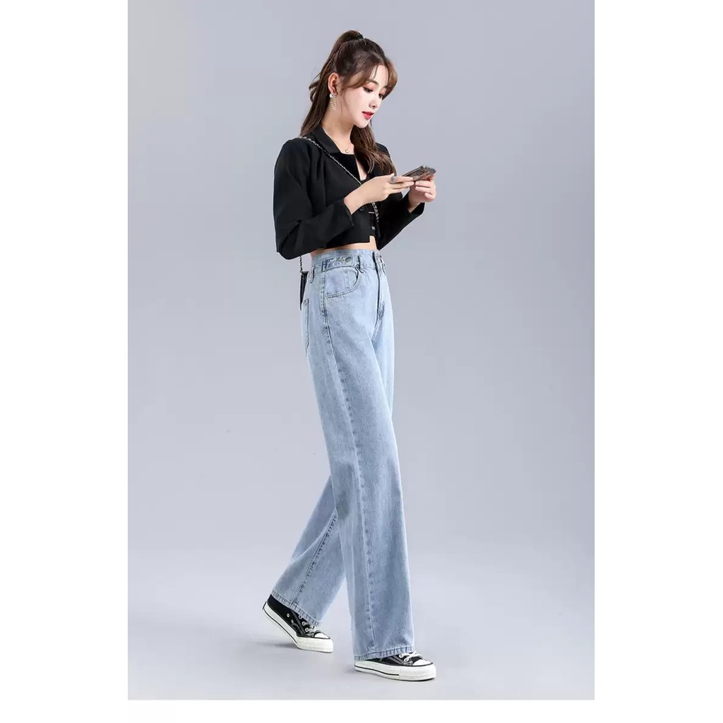 [ MƠN MỞN ] QUẦN JEAN ỐNG RỘNG NỮ LƯNG CAO 2 NÚT 2 ĐAI MÀU XANH NHẠT LAI CUỐN FORM DÀI RỘNG CAO CẤP BABO HOT CỰC HOT