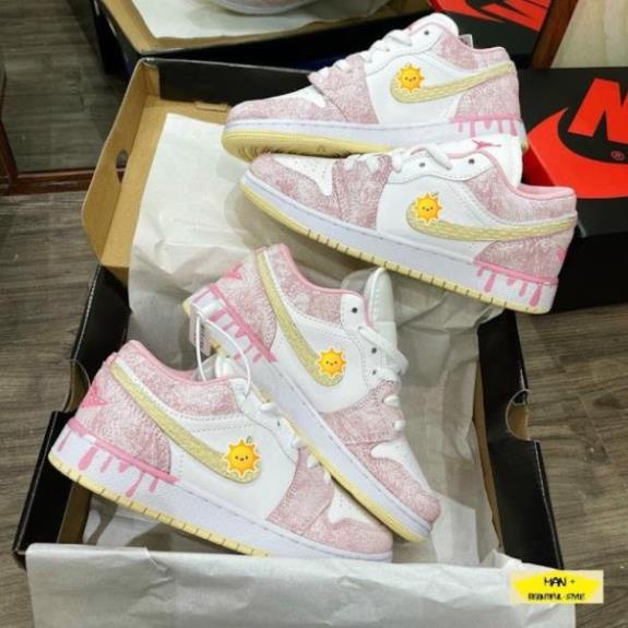 Giày Jordan low paint drip màu hồng, Giày sneaker jodan nữ hồng giọt sơn siêu hot Full Box Bill xả- .