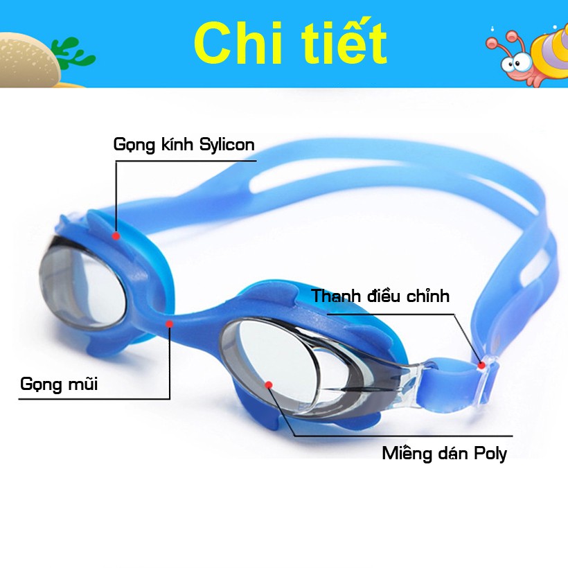 Combo Kính bơi trẻ em, Mũ bơi ngộ nghĩnh, Bịt tai kẹp mũi POPO 1580 mắt kính chống tia UV, chống sương mờ