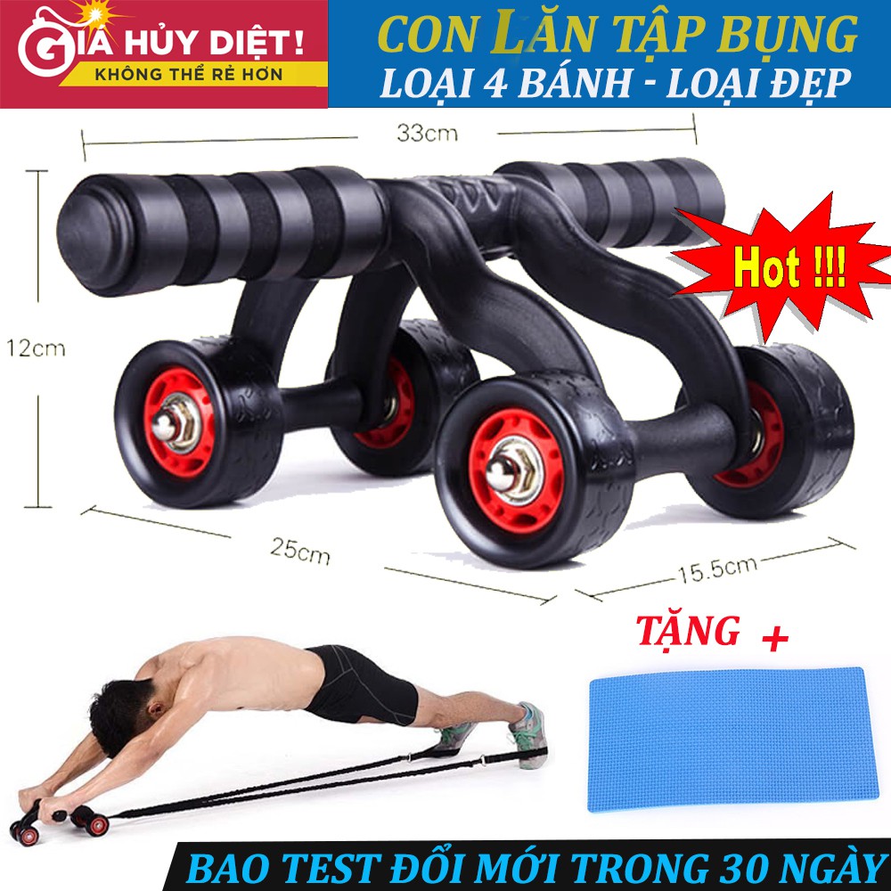 Con Lăn Tập Cơ Bụng 4 Bánh, Dụng Cụ giúp Lấy Vòng Eo Săn Chắc Chỉ Sau 3 Tuần ( Tặng Kèm Miếng Đệm Mút Đầu Gối ) Mua Ngay