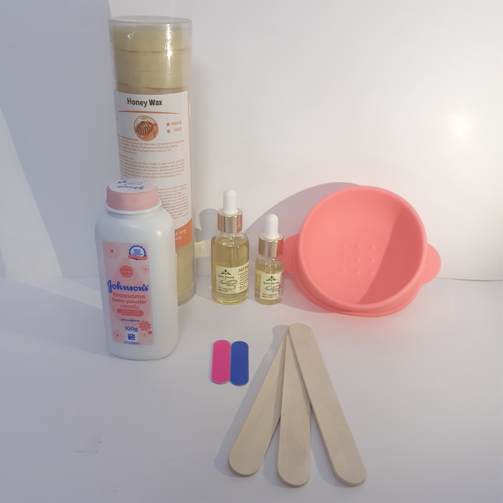 set wax sáp khoanh:500g sáp khoanh + chén silicon + mỡ trăn +  phấn rôm 100g Johnson baby (tặng que sáp + đồ dũa móng)
