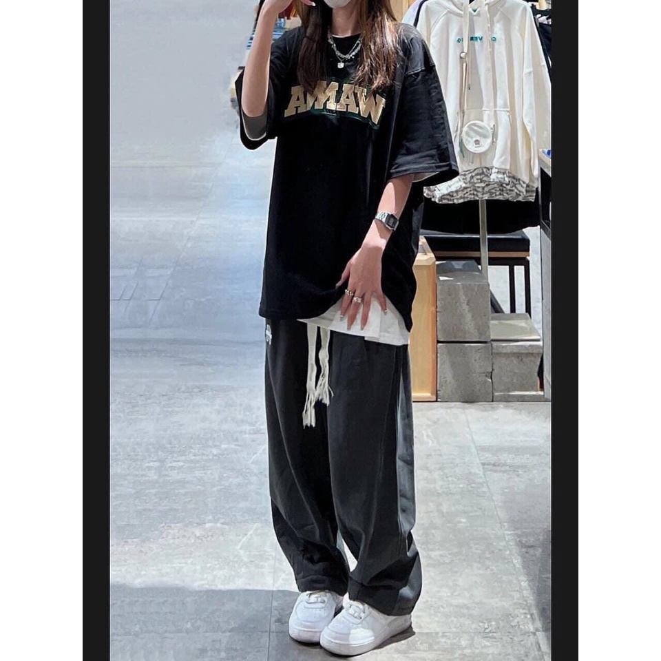 Quần nỉ dài logo chữ M Mnmf Unisex [FREESHIP] Jogger cạp cao suông ống rộng culottes kiểu dáng đường phố peonyb ulzzang