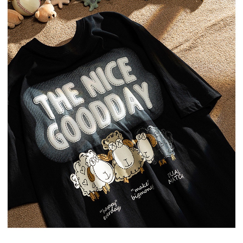 Áo Thun Cổ Tròn Unisex The Nice Goodday In Hình Cừu Phong Cách Ullzang,Áo Phông Tay Lỡ Chất Cotton Thoáng Mát