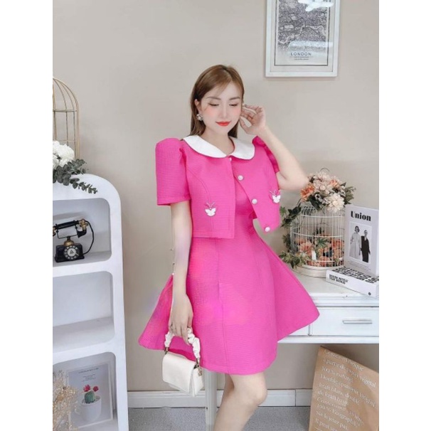 Set đầm 2 dây + khoác cổ sen