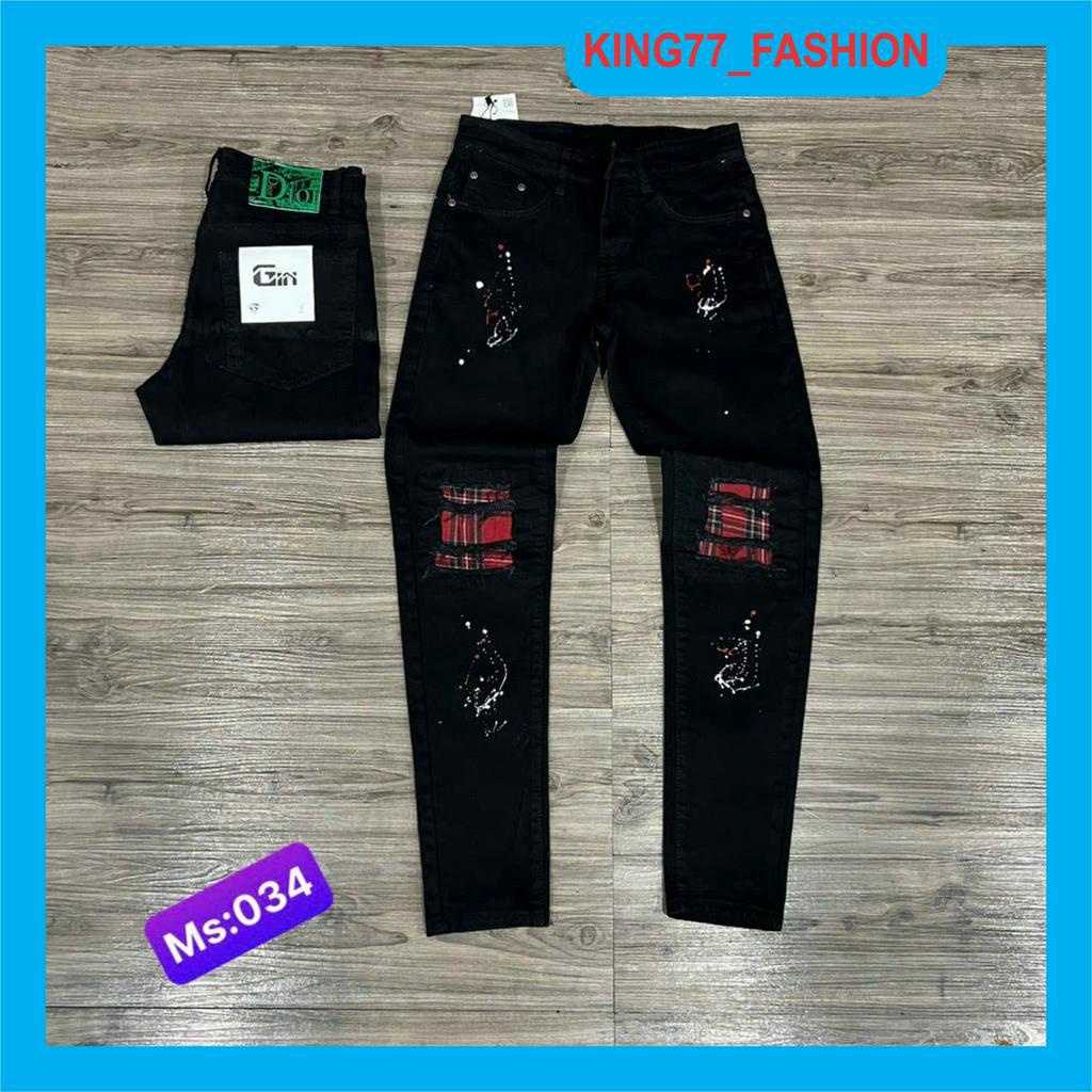 Quần jean nam đen rách gối chất bò co dãn 4 chiều phối chữ cực đẹp, quần rin nam nhiều mẫu mới đi kèm