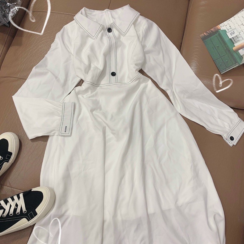 Đầm maxi trắng phối viền dài tay hàng loại 1 (ảnh thật trãi sàn) | BigBuy360 - bigbuy360.vn