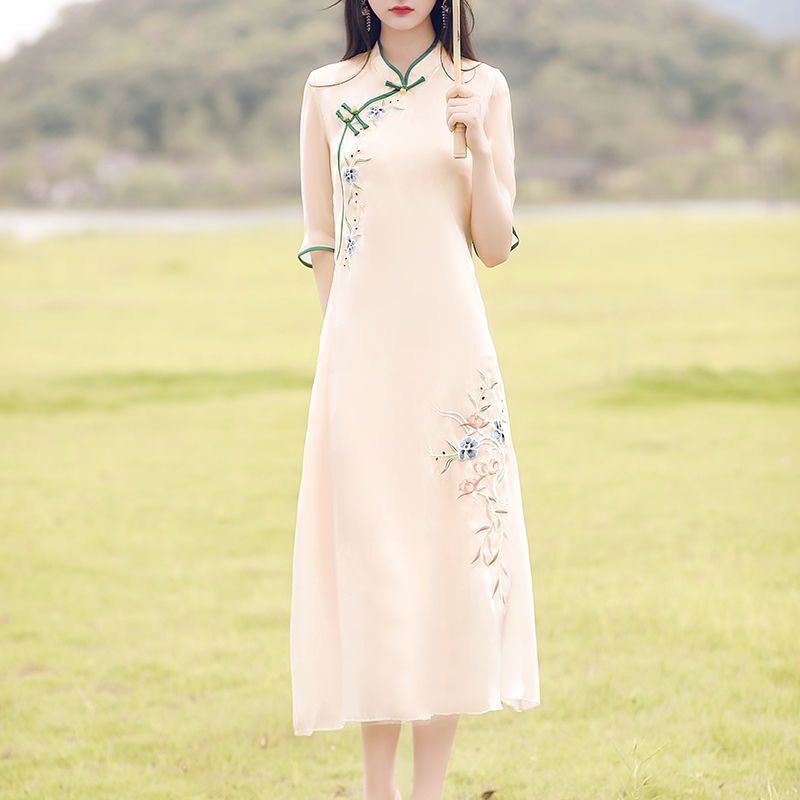 SUGEMIUSI Đầm sườn xám dài cách tân kiểu Trung Hoa phong cách xuân hè mới cho nữ